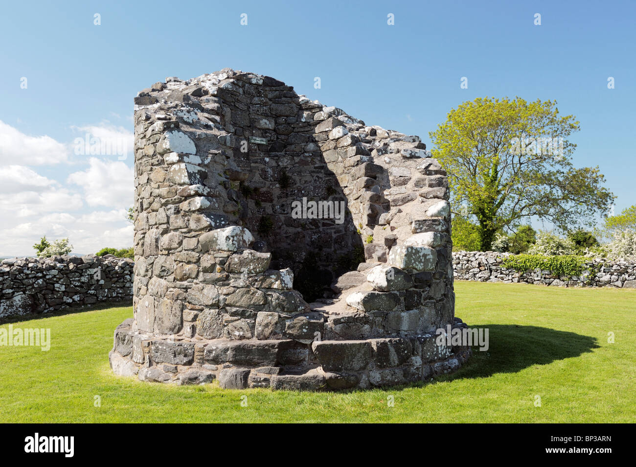 Il moncone della torre rotonda all'interno di massicce mura del monastero Nendrum, Isola Mahee, Strangford Lough, Co. Down, Irlanda del Nord Foto Stock