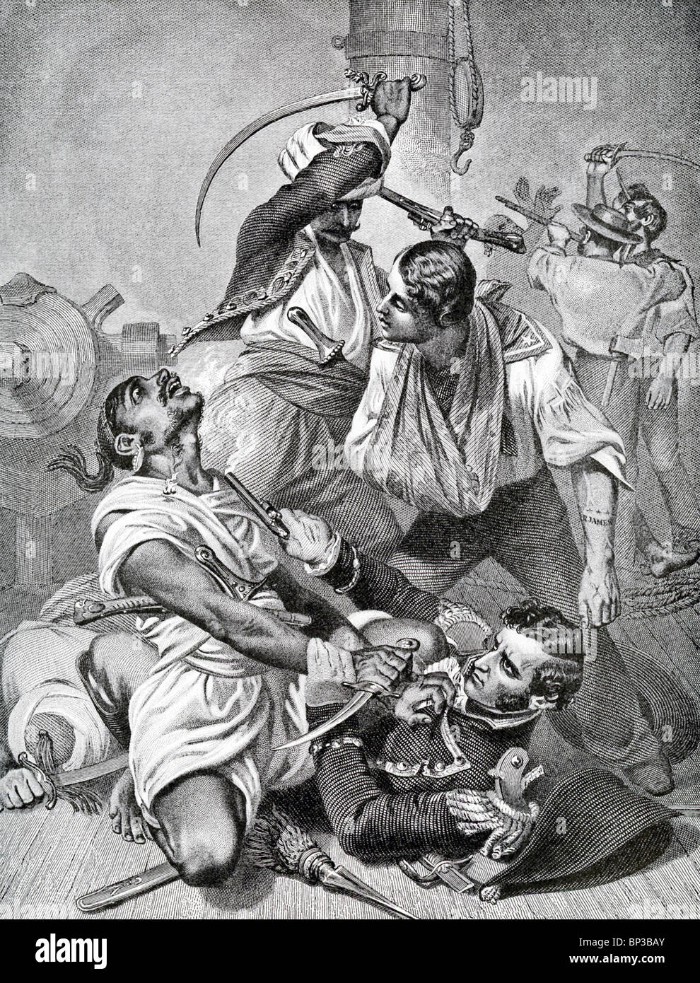 Decatur (sul terreno) e boatswain mate Ruben James (al di sopra di Decatur a destra) battaglia pirati barbareschi a noi Filadelfia nel 1803. Foto Stock