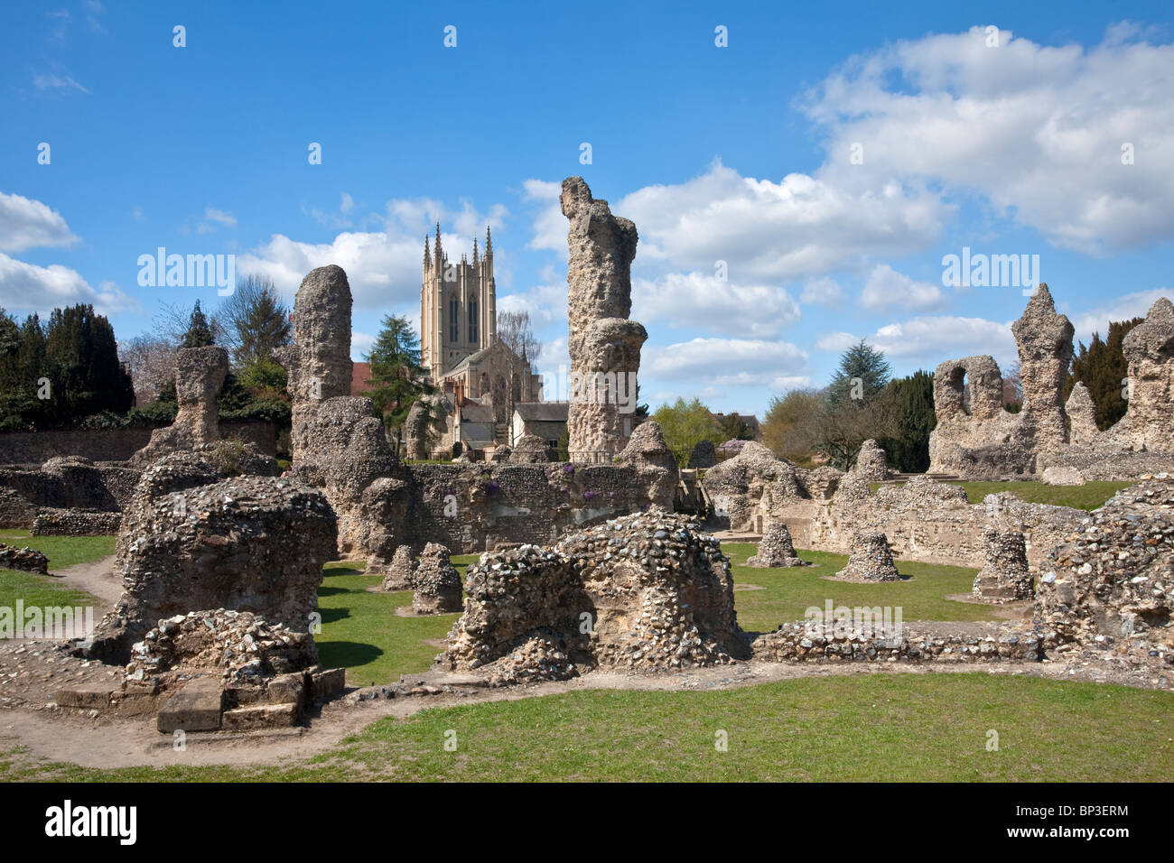 La Cattedrale di Bury St Edmunds e rovine della abbazia su un luminoso giorno di sole Foto Stock