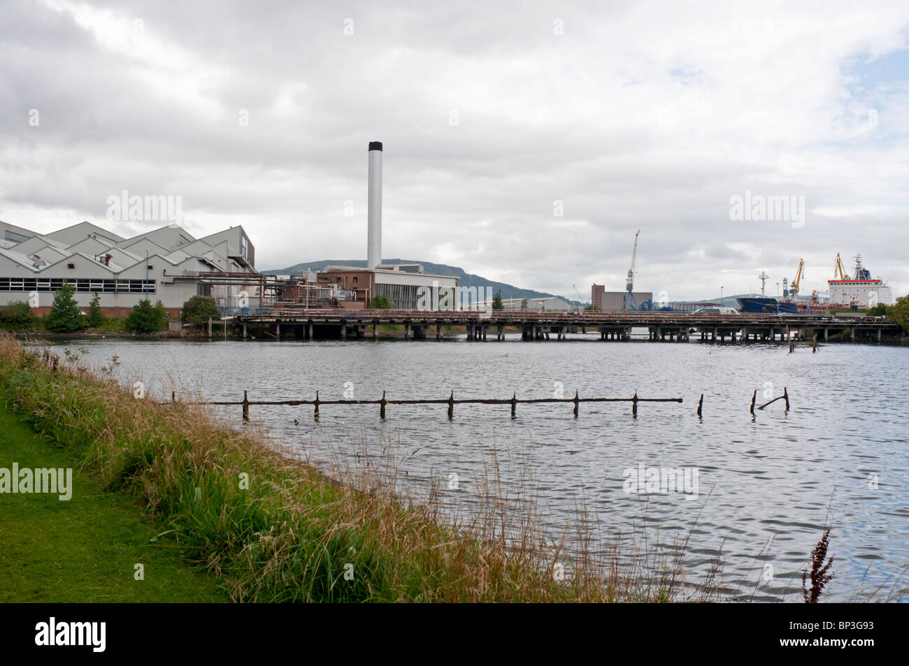 Vista del Queen's Island da Victoria Park, East Belfast. Foto Stock