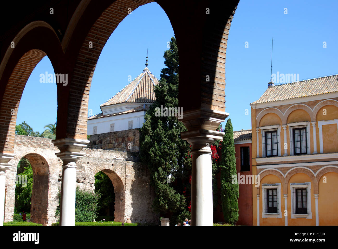 Alcazar - il castello del Re, Patio de la Monteria, Siviglia, provincia di Siviglia, in Andalusia, Spagna, Europa occidentale. Foto Stock