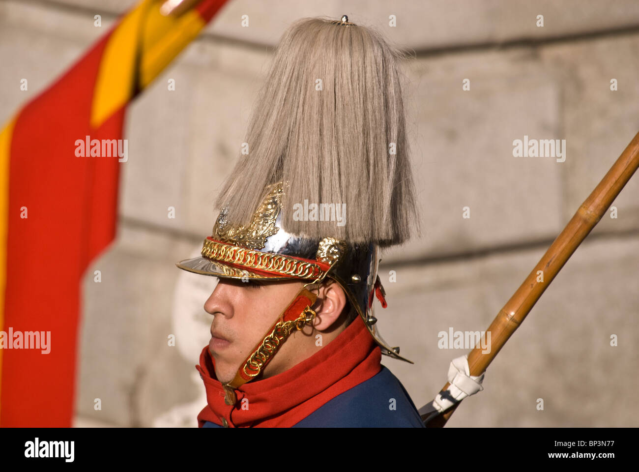 Colpo alla testa di una delle guardie del palazzo di turno presso il Palazzo Reale di Madrid, Spagna Foto Stock