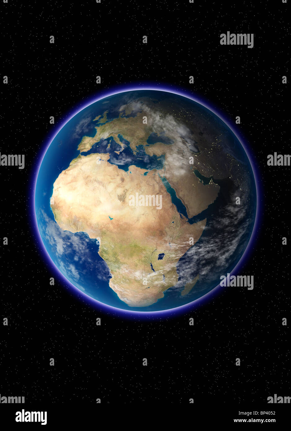 Vista del pianeta Terra e l Europa e l Africa dallo spazio esterno. Foto Stock