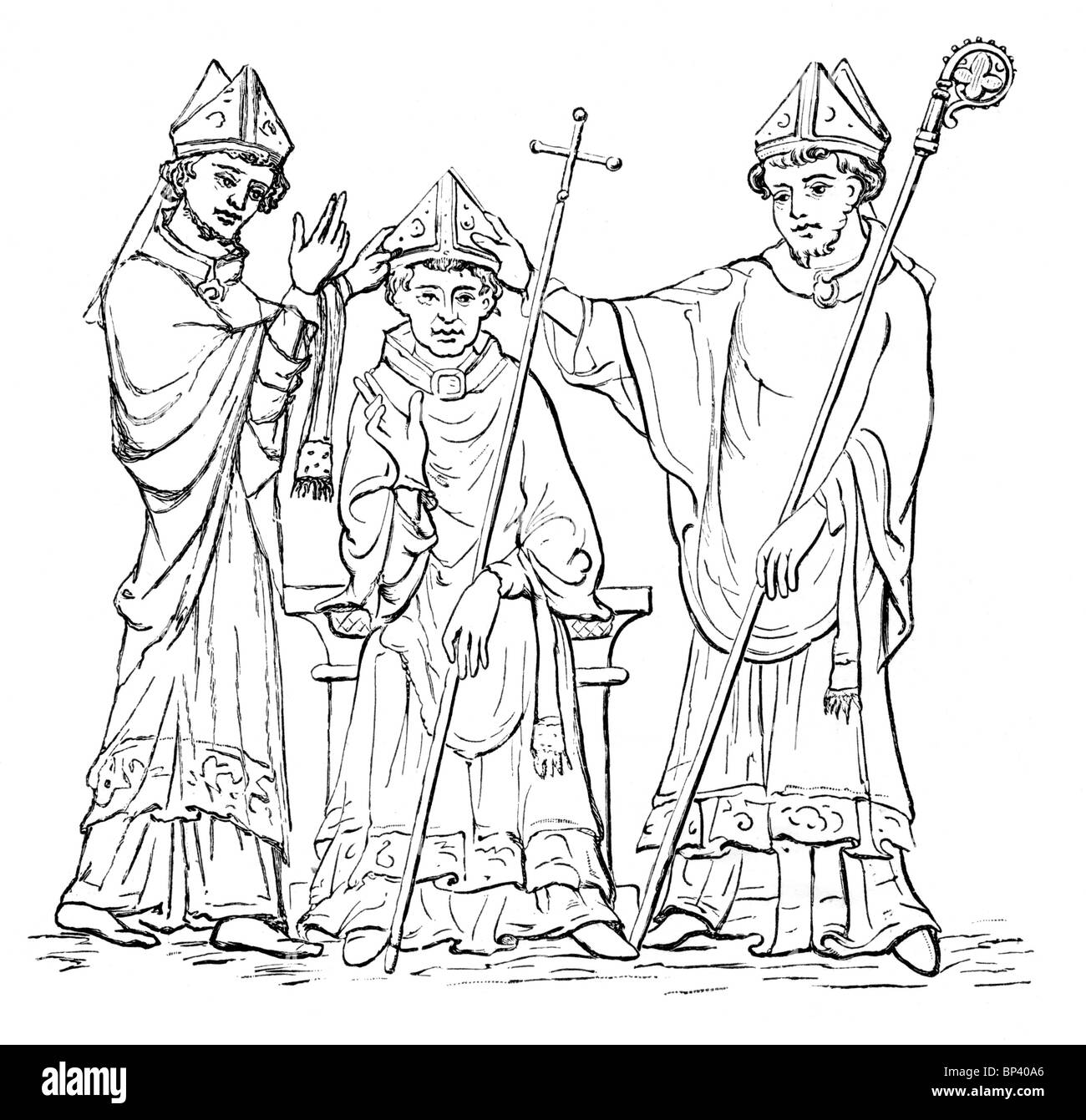 Bianco e Nero illustrazione; Incoronazione di un Vescovo; fonte MS cotone Nero d i. Probabilmente disegnato da Matthew Paris; xiii secolo Foto Stock
