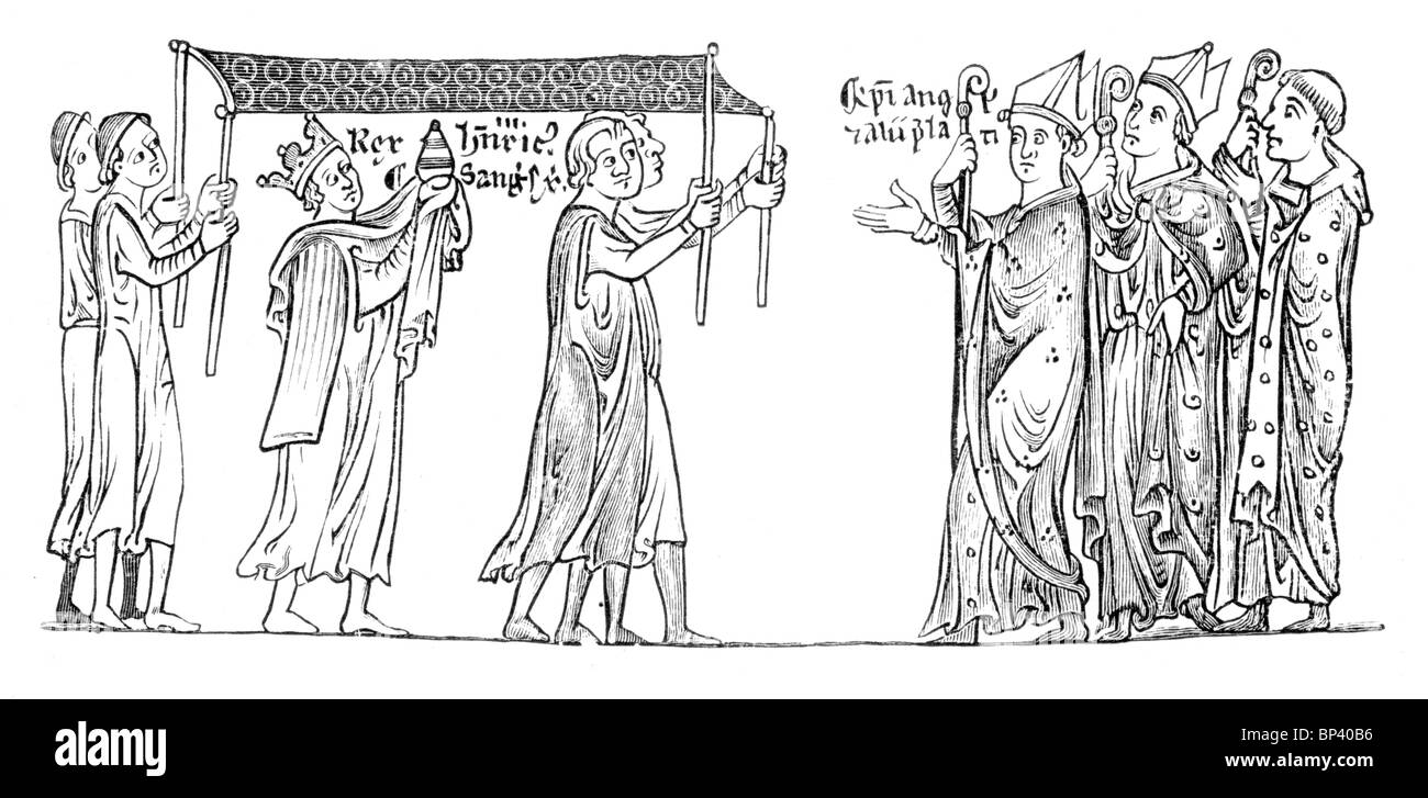 Bianco e Nero illustrazione; il re Enrico III di Inghilterra che porta il sangue sacro Foto Stock