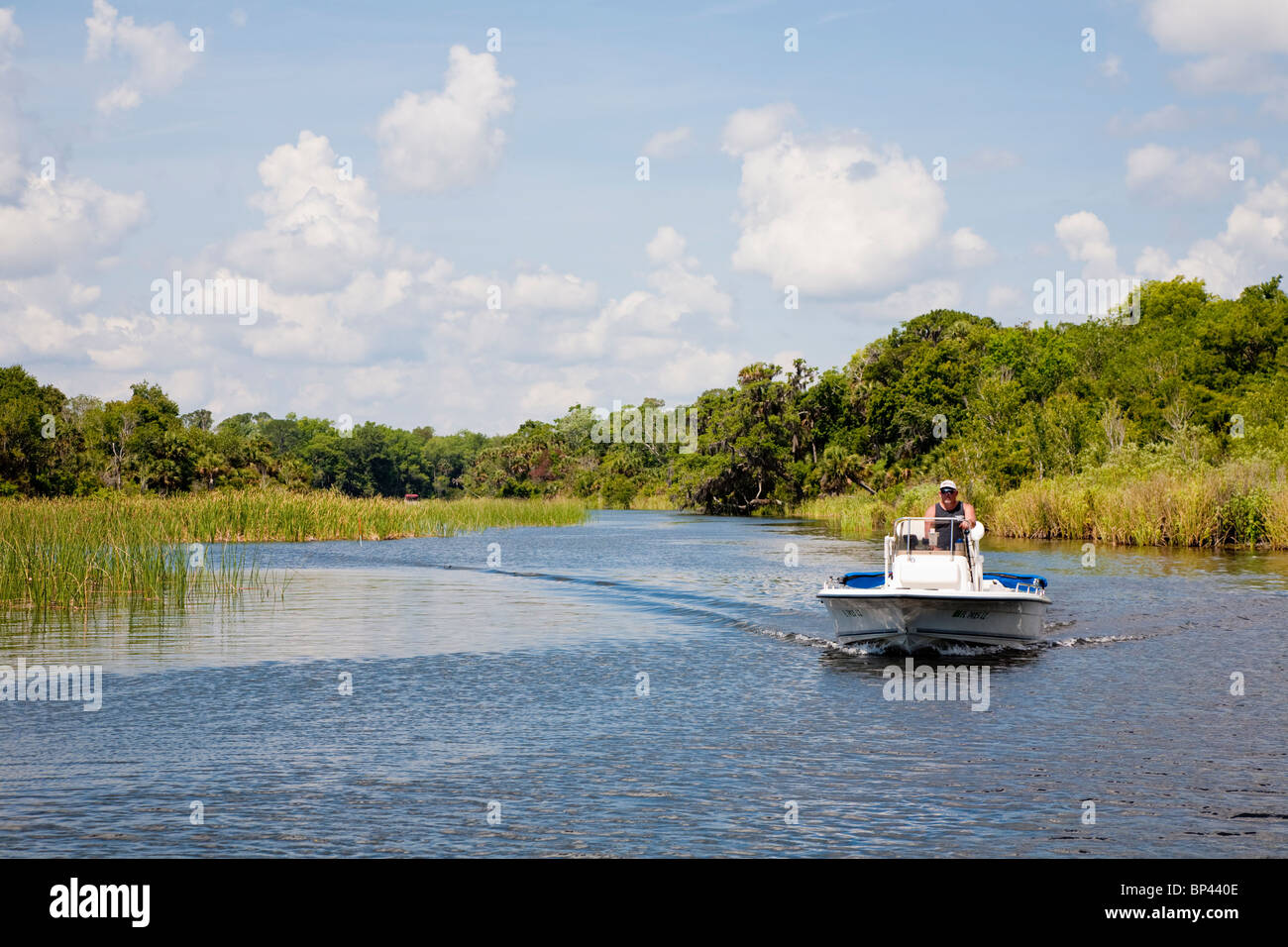 Salt Springs, FL - Maggio 2010 - Uomo potenza motrice barca sul fiume di sale nella Florida Centrale Foto Stock