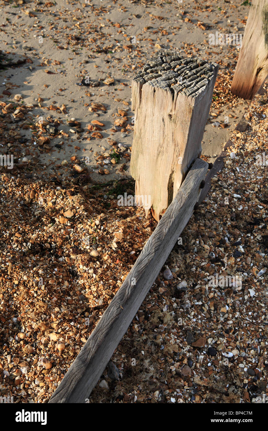 Struttura di frangionde in legno sulla spiaggia di Hillhead, Fareham, Hampshire, Inghilterra, Regno Unito. Foto Stock