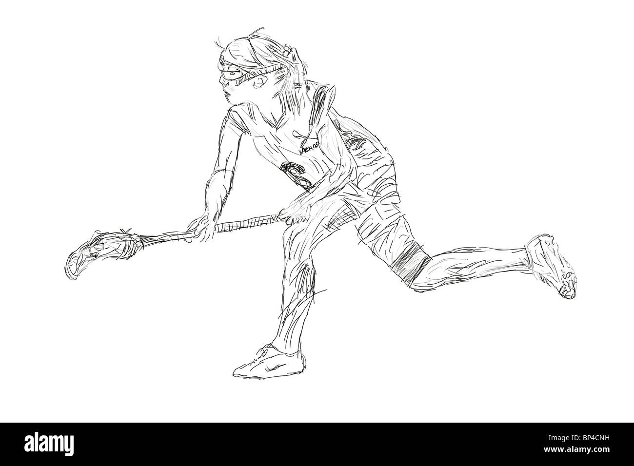 Penna e inchiostro disegno femminile di Lacrosse player Foto Stock