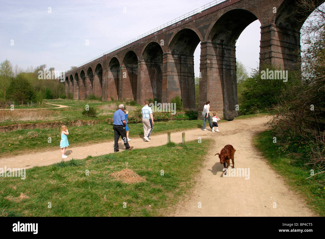 Regno Unito, Inghilterra, Cheshire, Stockport, rossastro Vale, Country Park, famiglia passeggiate con il cane sul tracciato sotto il viadotto ferroviario Foto Stock