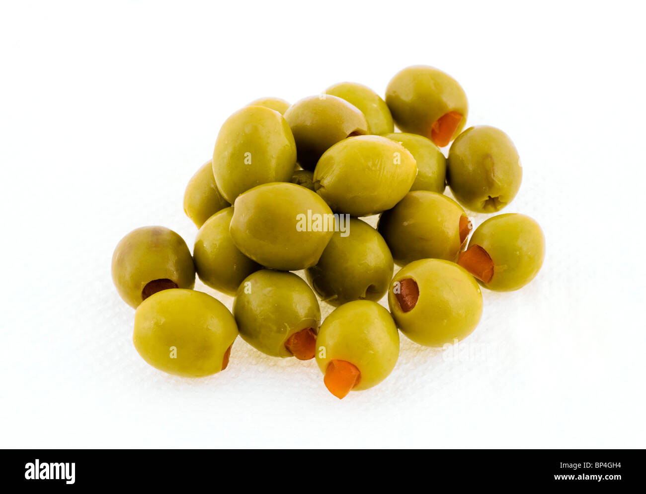 Olive verdi snocciolate farcite con Pimiento Foto Stock