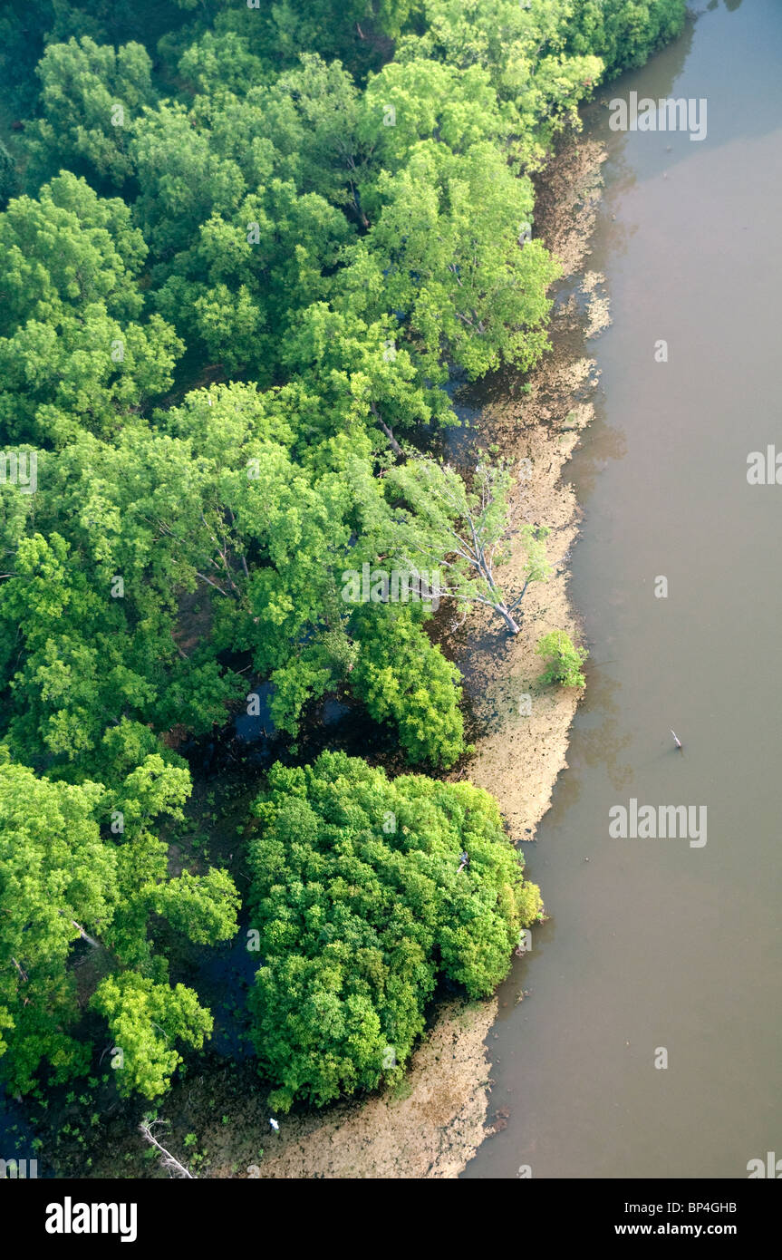 Una vista aerea di pascoli in parte boschivi accanto al Fiume Rosso del Sud, vicino alla città di Shreveport, nella Louisiana Settentrionale, Stati Uniti. Foto Stock