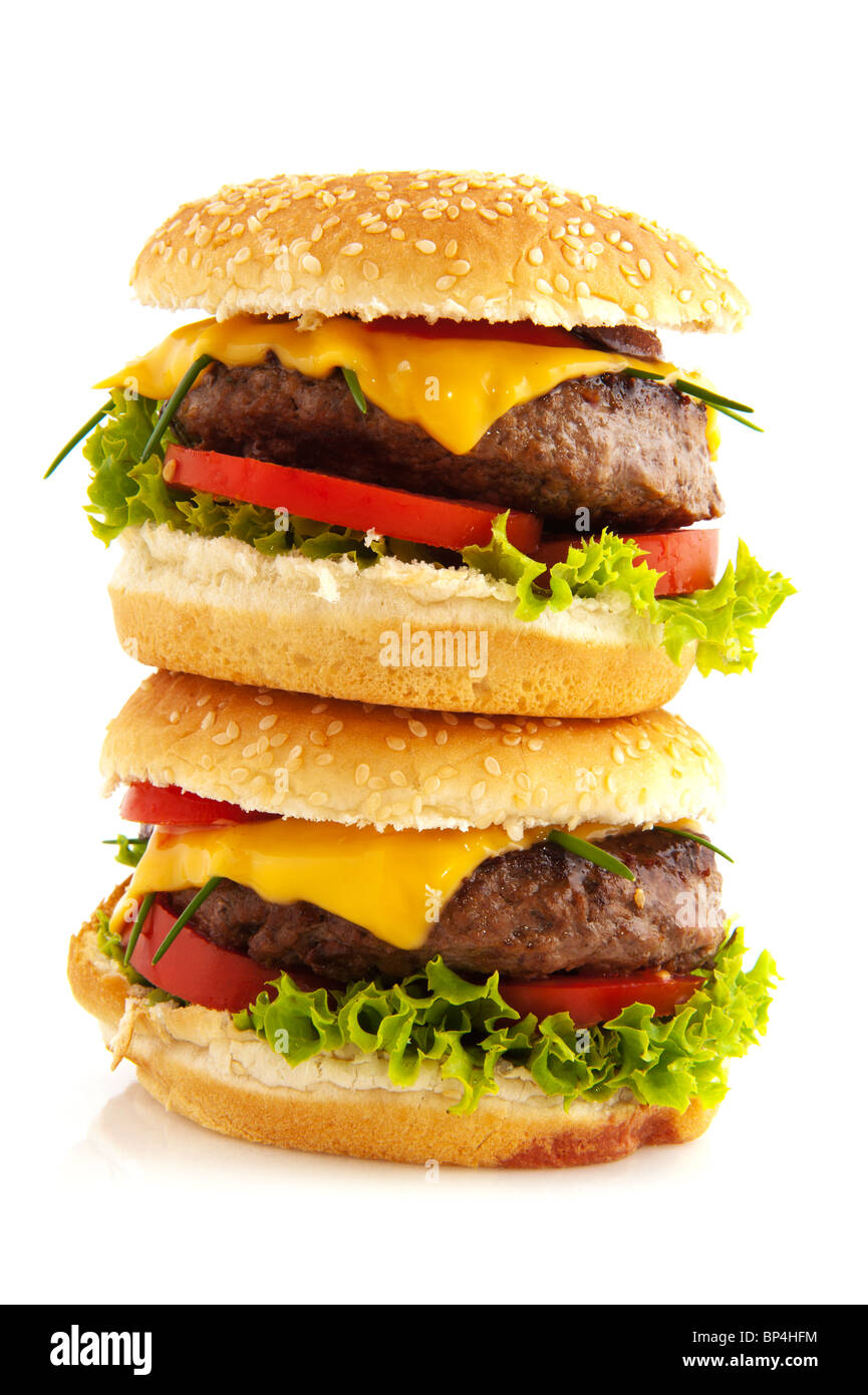 Gustosa cheeseburger con verdura e pane Foto Stock