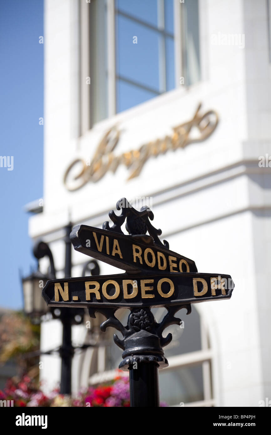 Segno posto di Rodeo Drive a Beverly Hills, Los Angeles, California, Stati Uniti d'America Foto Stock