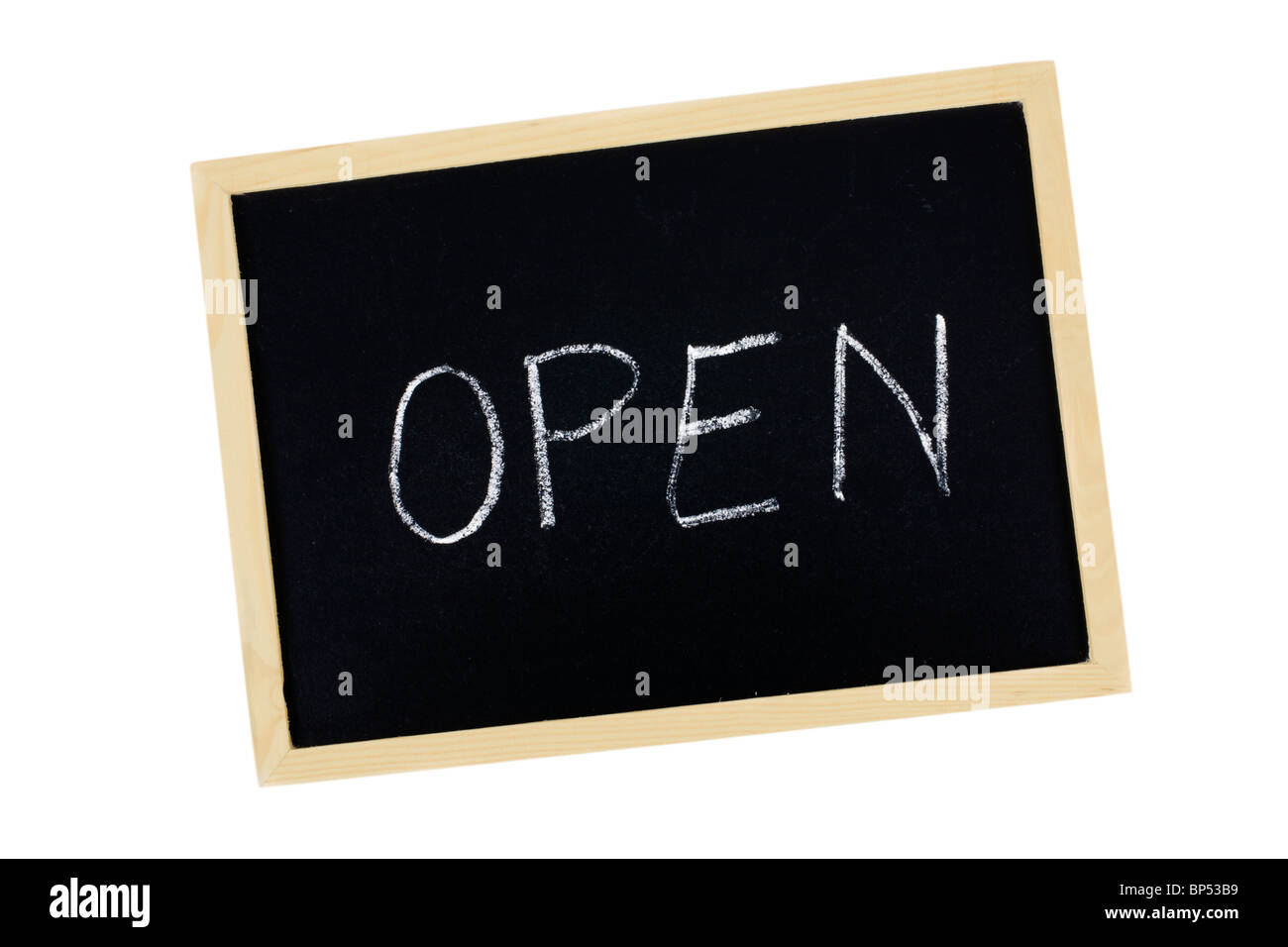 Aprire scritto su una lavagna. Tagliare fuori. Foto Stock