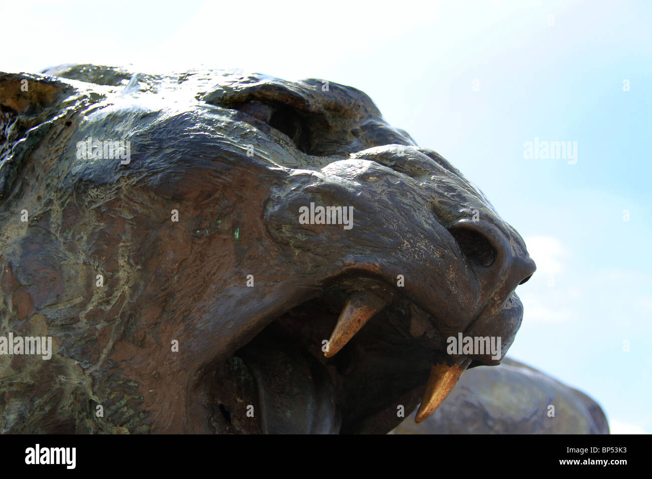 Antica statua di wild feroce leonessa in India Foto Stock