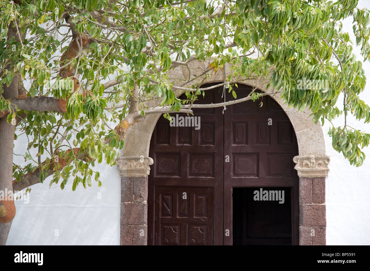 Chiesa di legno porta e albero in Lanzarote isole Canarie Foto Stock