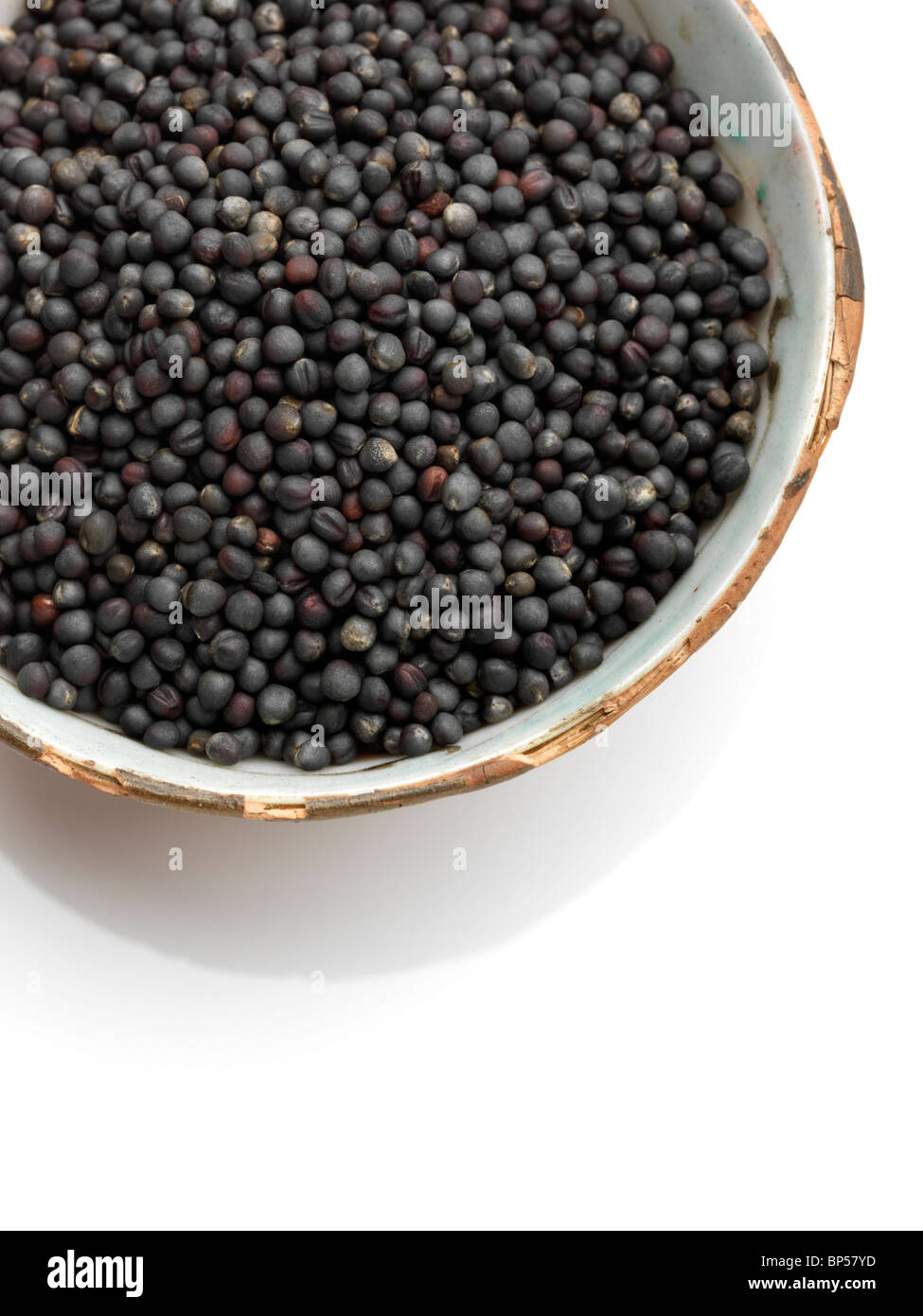 Una ciotola di nero Semi di senape su sfondo bianco Foto Stock