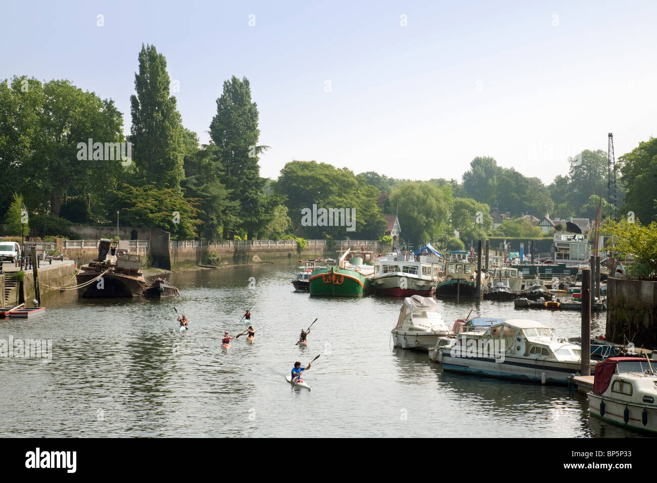 In canoa sul fiume Tamigi a Eel Pie island, Twickenham, London REGNO UNITO Foto Stock