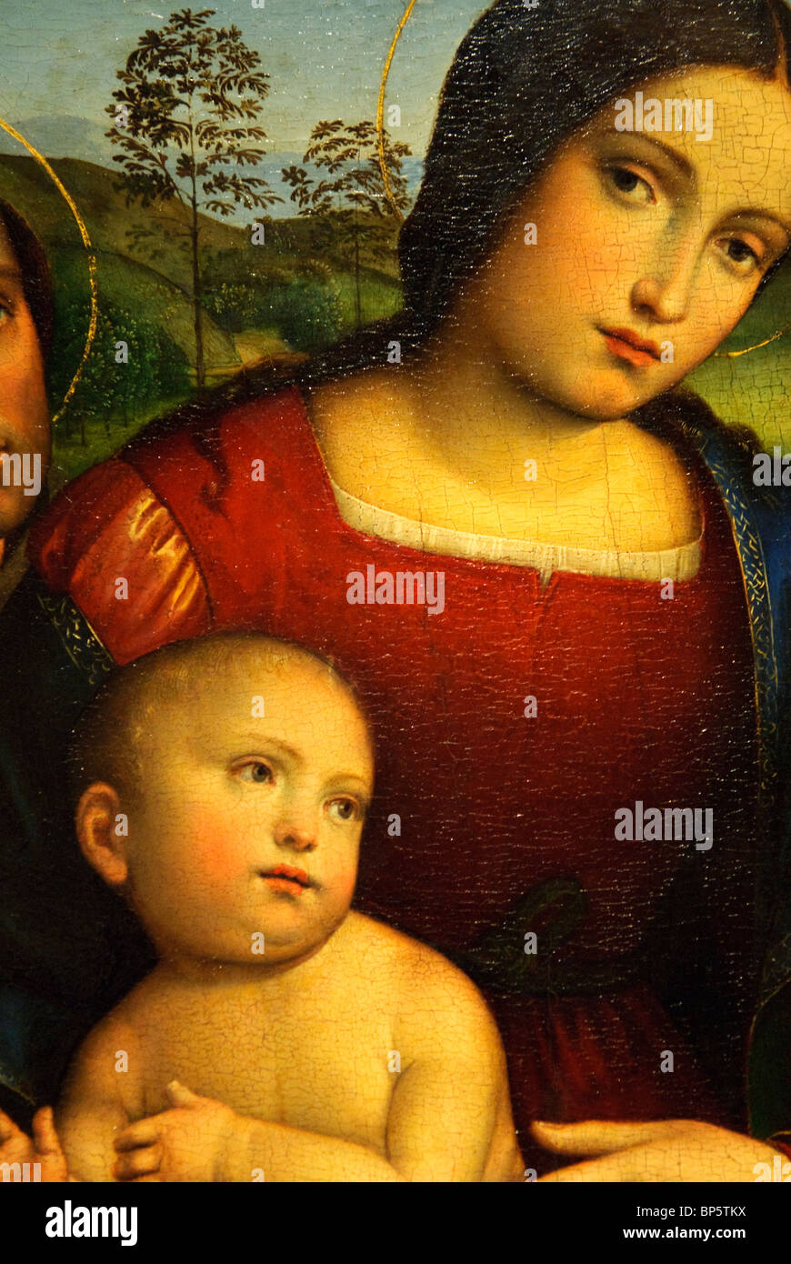 Close-up di pittura, la Madonna con il Bambino e i santi Francesco e Girolamo, ca. 1512-1515, da Francesco Francia Foto Stock