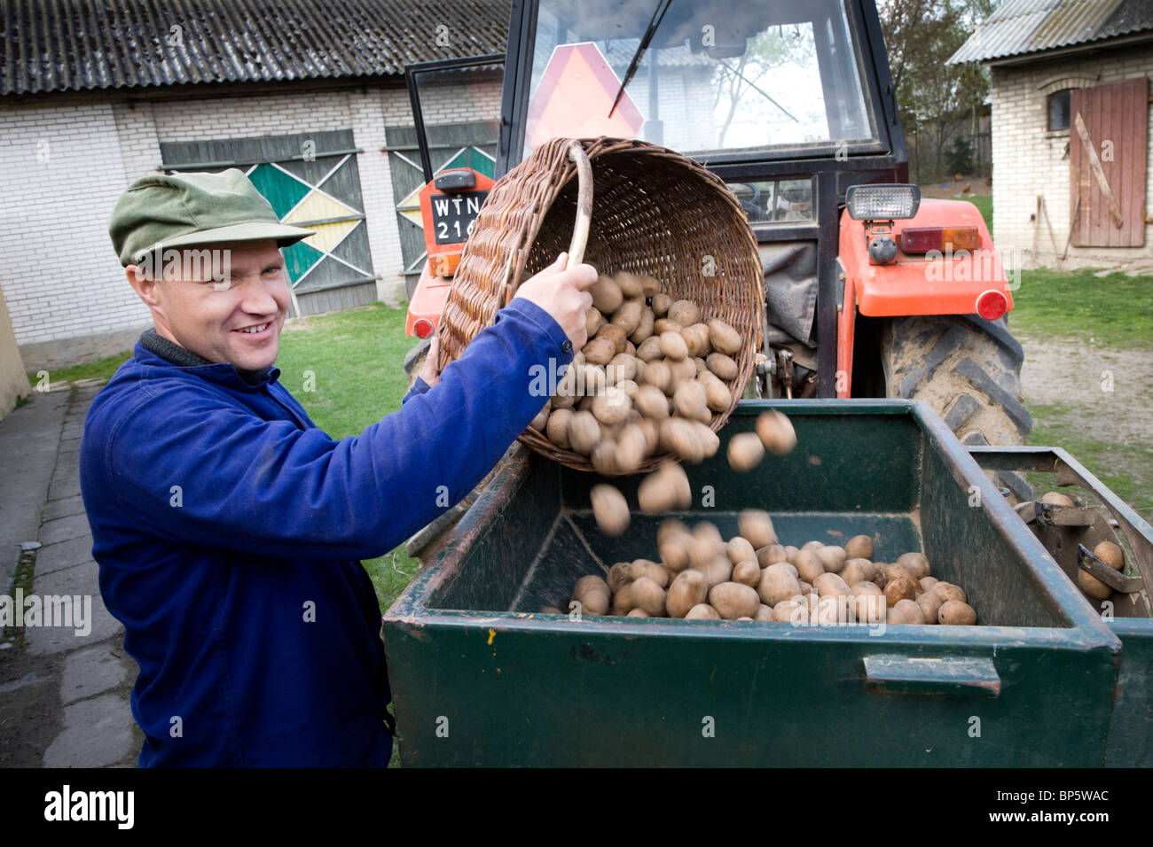 Contadino con patate pronti per la semina. Gmina Przylek, Zwolen county, Polonia. Foto Stock