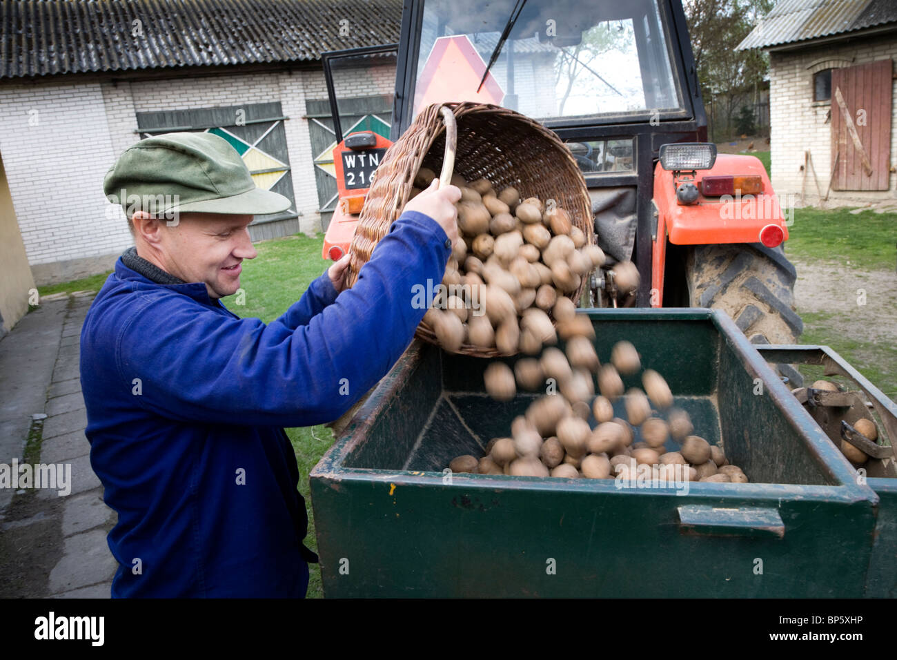 Contadino con patate pronti per la semina. Gmina Przylek, Zwolen county, Polonia. Foto Stock