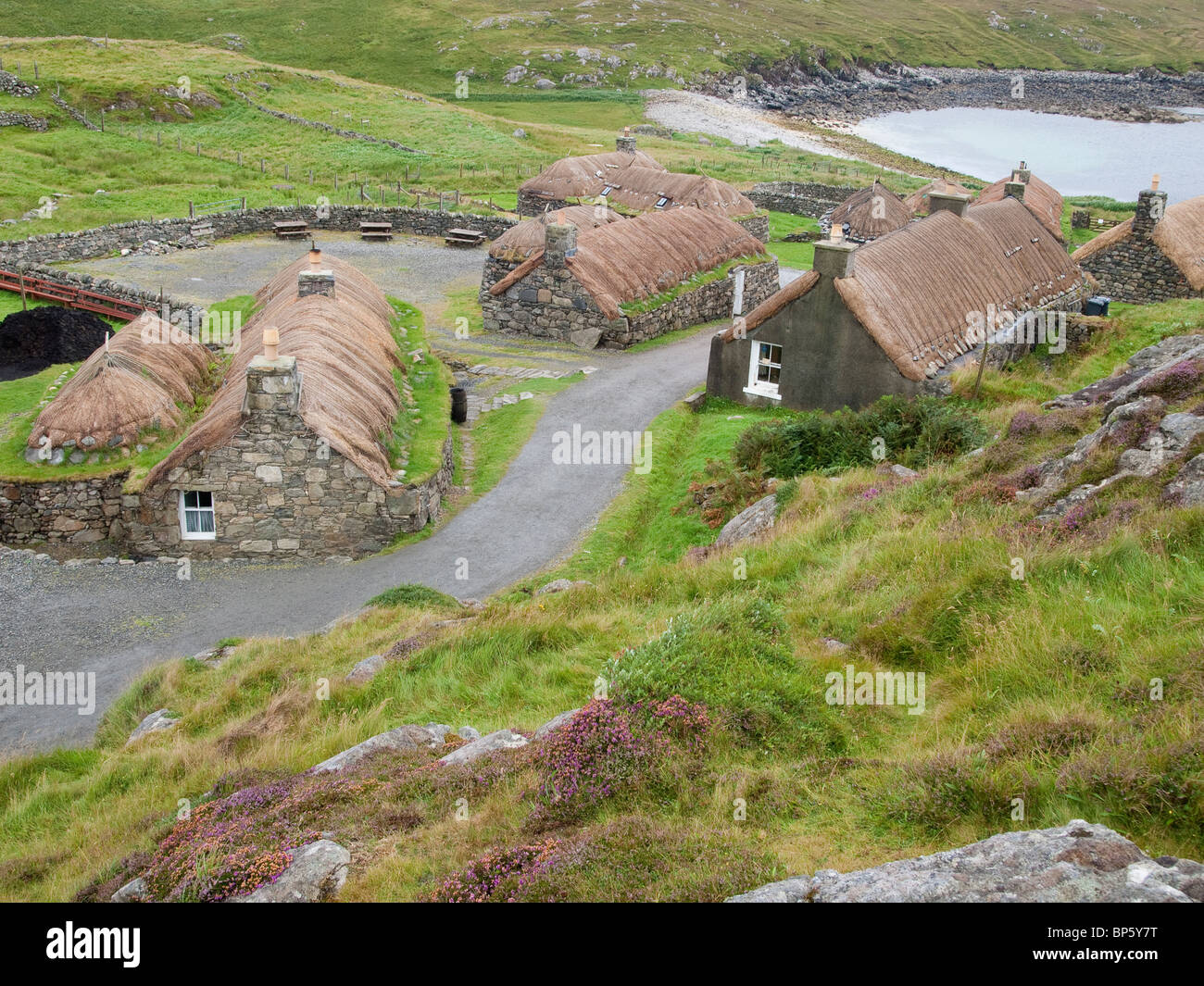 Gearrannan nero della casa di villaggio, isola di Lewis, Scozia Foto Stock