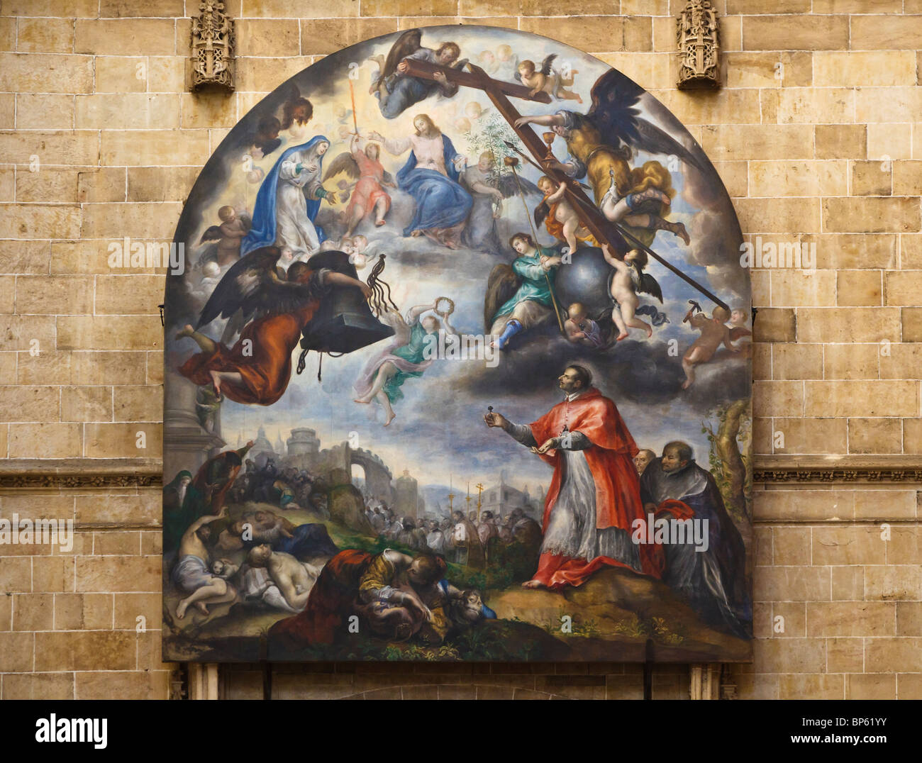 Salamanca, Spagna. Pittura nella nuova cattedrale di peste a Milano con San Carlos Borromeo da Francisco Camilo. Foto Stock