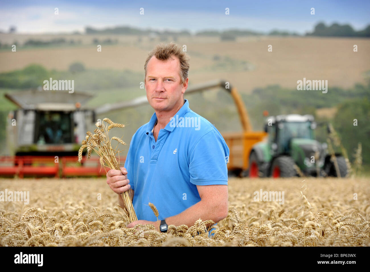 Un agricoltore di seminativi da Wiltshire in un campo di grano REGNO UNITO Foto Stock