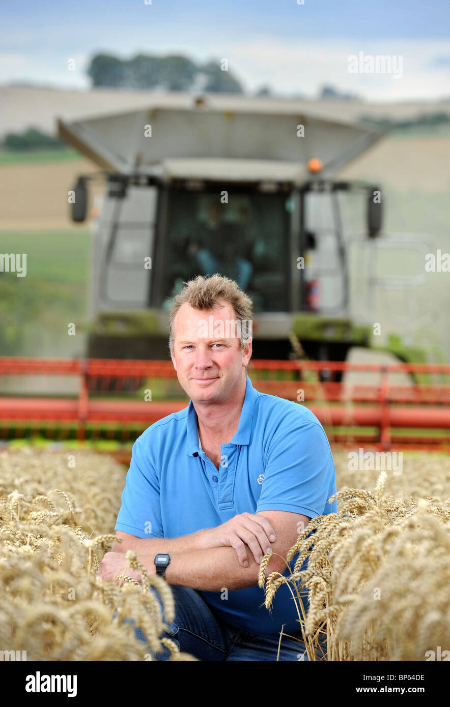 Un agricoltore di seminativi da Wiltshire in un campo di grano REGNO UNITO Foto Stock