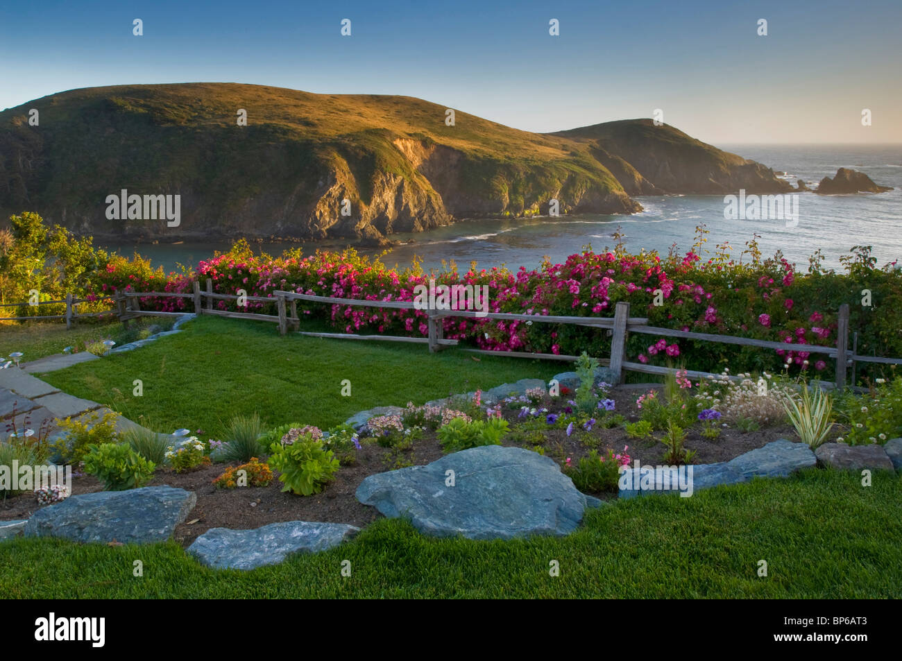 Prato e giardino che affacciano sull'oceano al tramonto, Albion fiume Inn, Albion, Mendocino County, California Foto Stock