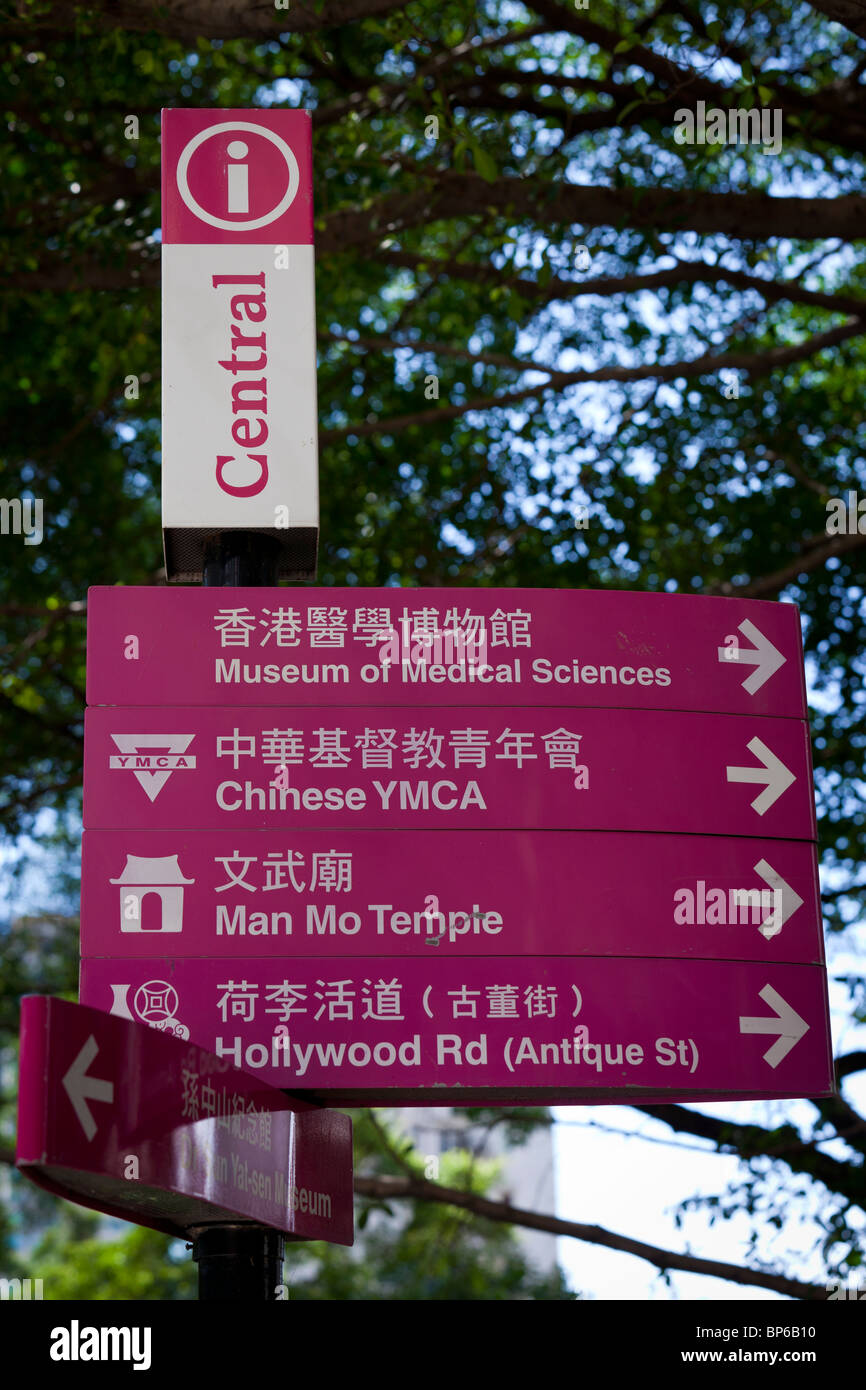Strada turistica segni sottolineando popolari destinazioni turistiche e luogo di interesse nella parte centrale di Hong Kong. Foto Stock