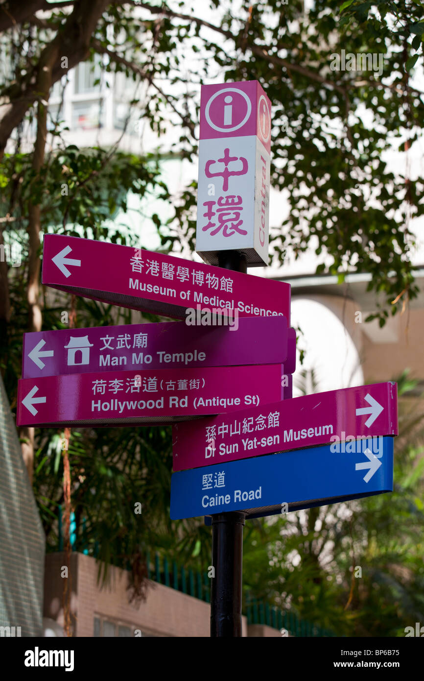 Strada turistica segni sottolineando popolari destinazioni turistiche e luogo di interesse nella parte centrale di Hong Kong. Foto Stock