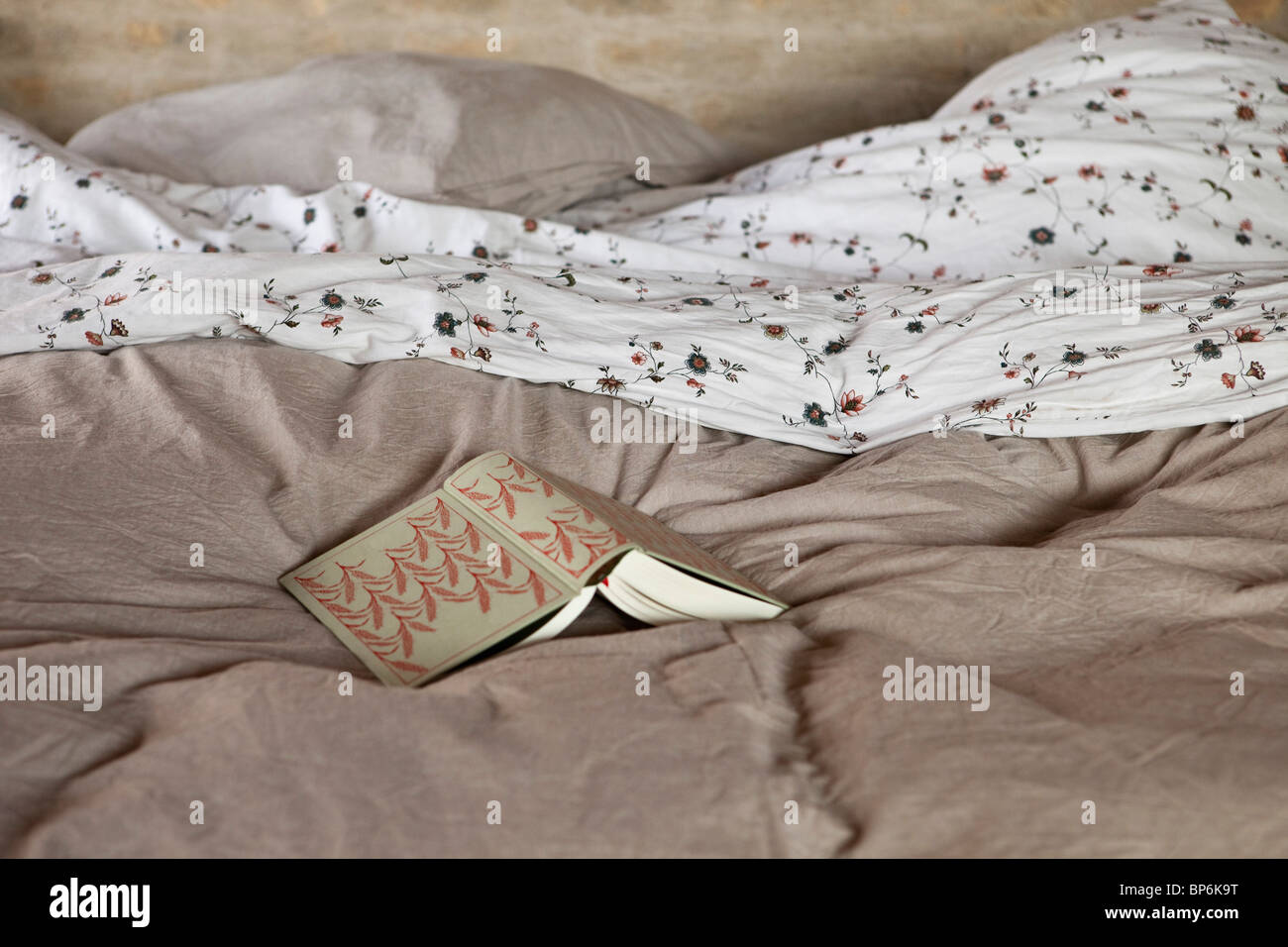 Un libro aperto su un letto Foto Stock