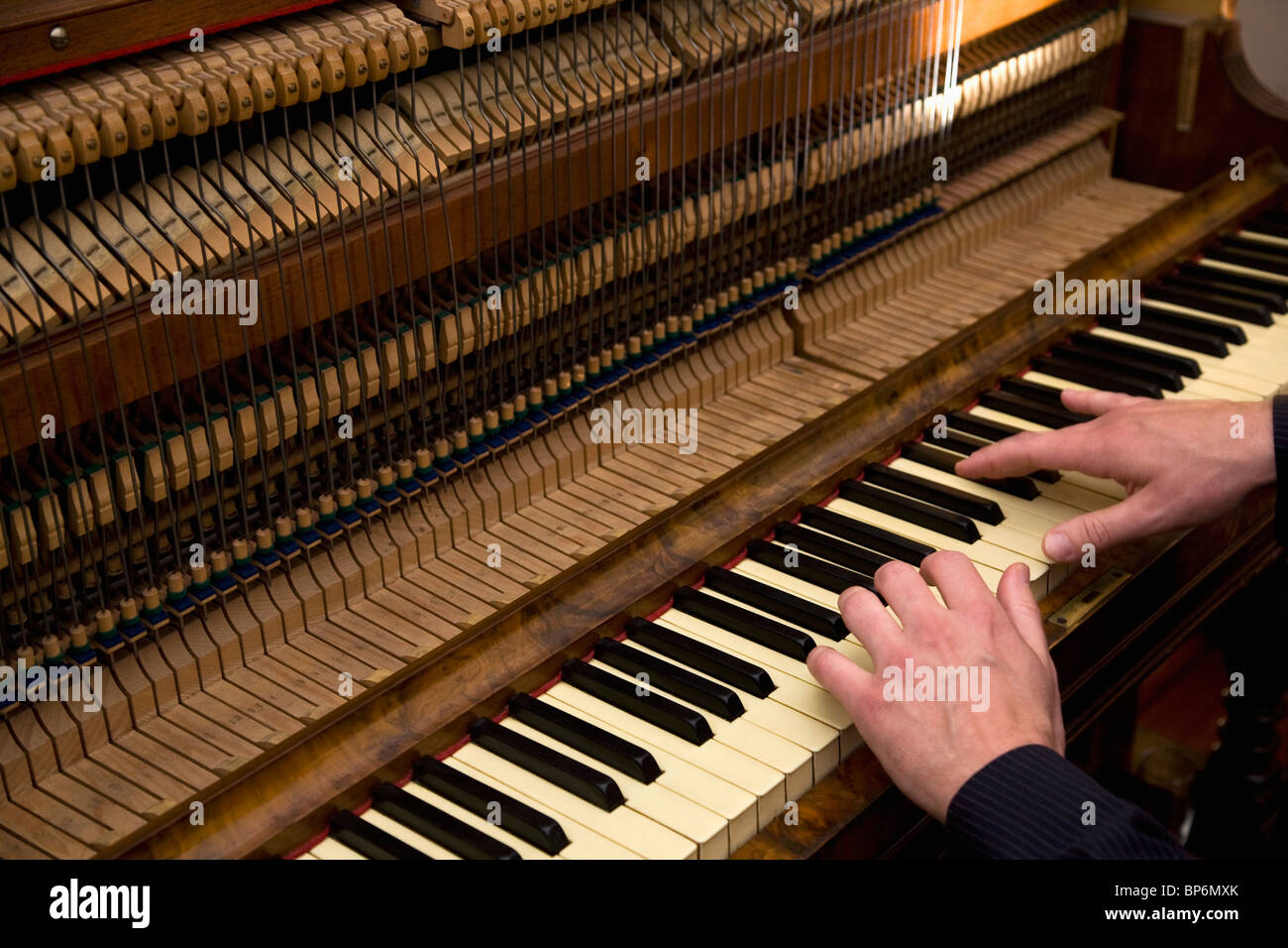 Un uomo di suonare di un organo vicino delle mani Foto Stock