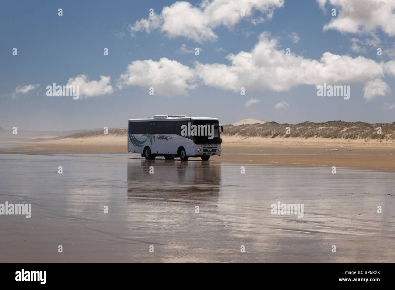 Per gli autobus turistici che viaggiano lungo Ninety Mile Beach, Nuova Zelanda Foto Stock
