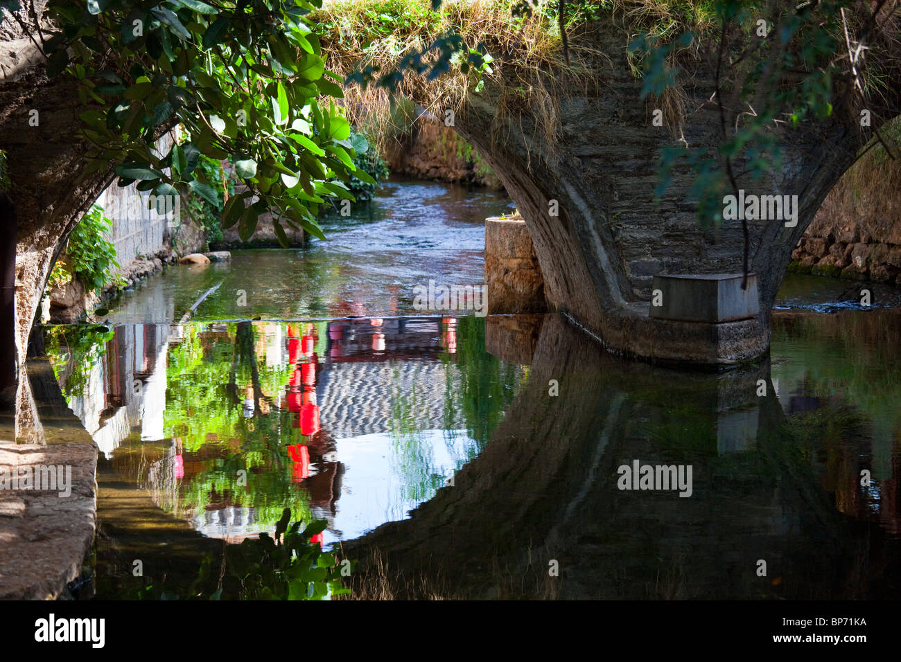 Ponte e canal, Lijiang, nella provincia dello Yunnan in Cina Foto Stock