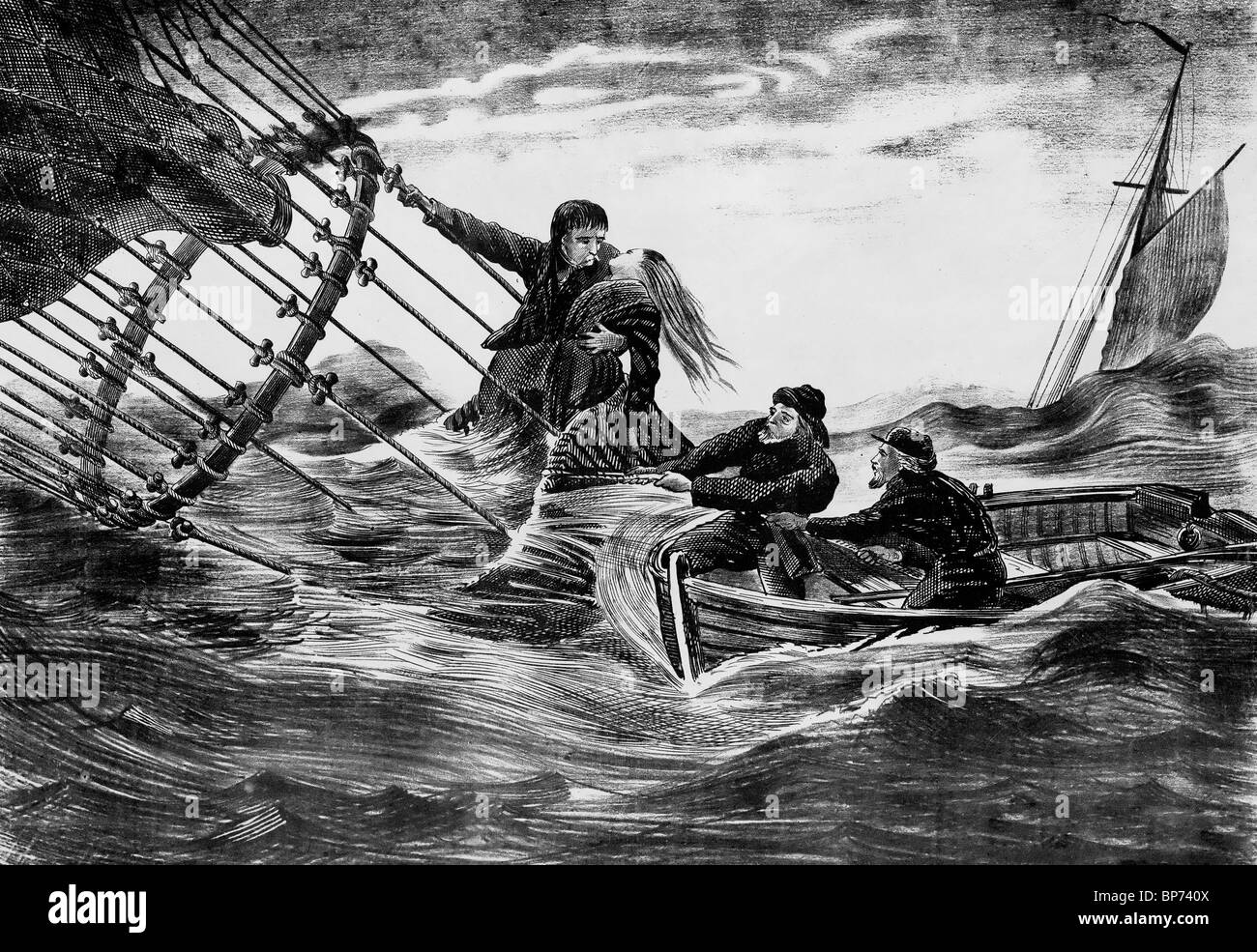 Jules Duruof e sua moglie di essere soccorsi in mare dal cesto di affondamento della loro palloncino 'Le Tricolore, circa 1874 Foto Stock