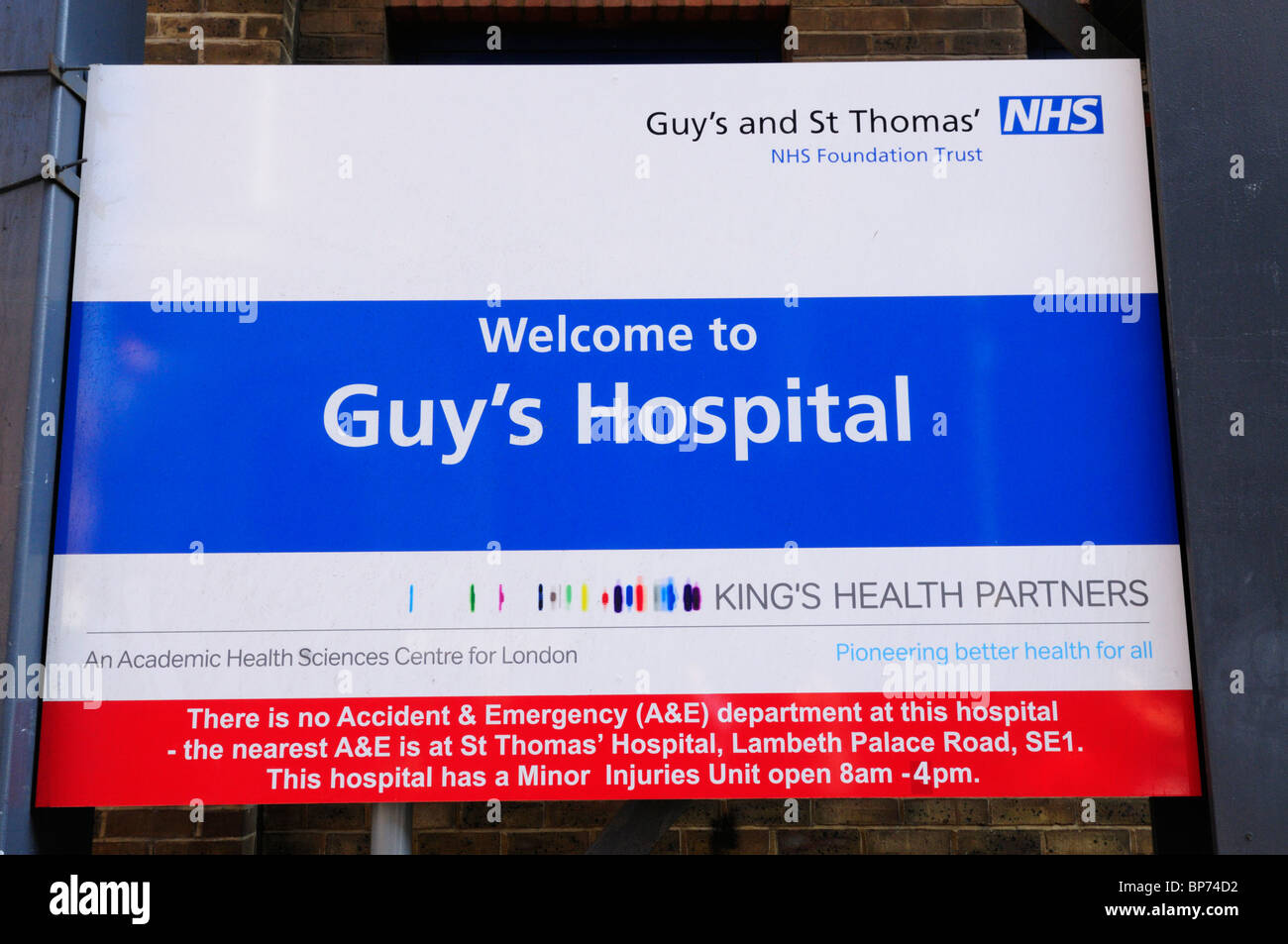 Benvenuti a Guy's Hospital segno, Southwark, Londra Inghilterra, Regno Unito Foto Stock