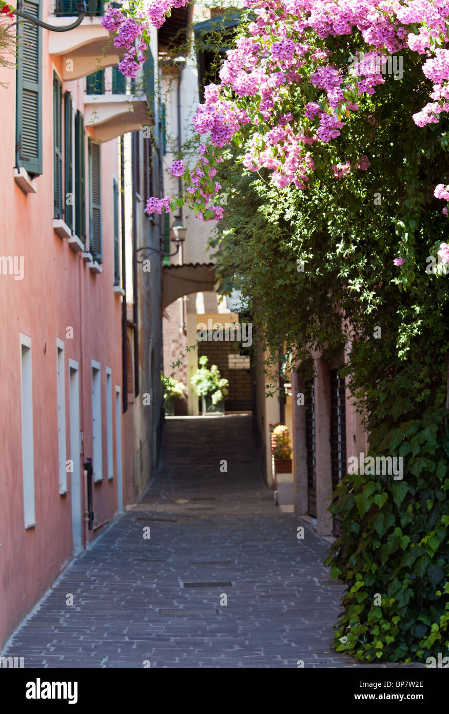 Gardone città sul lago di Garda, Italia con strada alberata Foto Stock