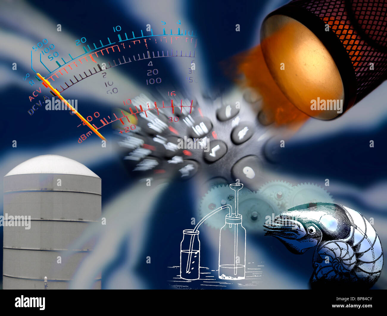 Scienza generale montage avente elementi di chimica di elettricità matematica, fisica e paleontologia Foto Stock