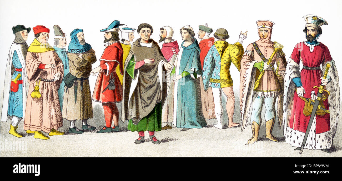Il popolo francese circa A.D. 1300 (da sinistra a destra: otto cittadini, nobile, cittadino, nobile, armi al Sergente, duca di Borgogna. Foto Stock