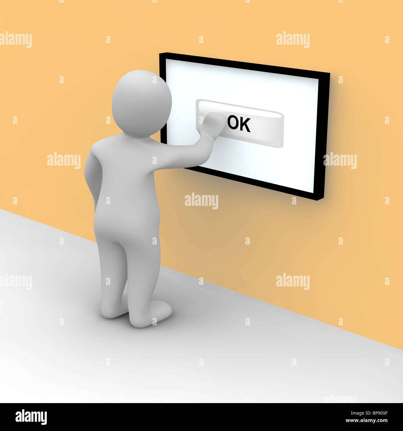 L'uomo tap sul pulsante ok sul touch screen. 3d reso illustrazione. Foto Stock