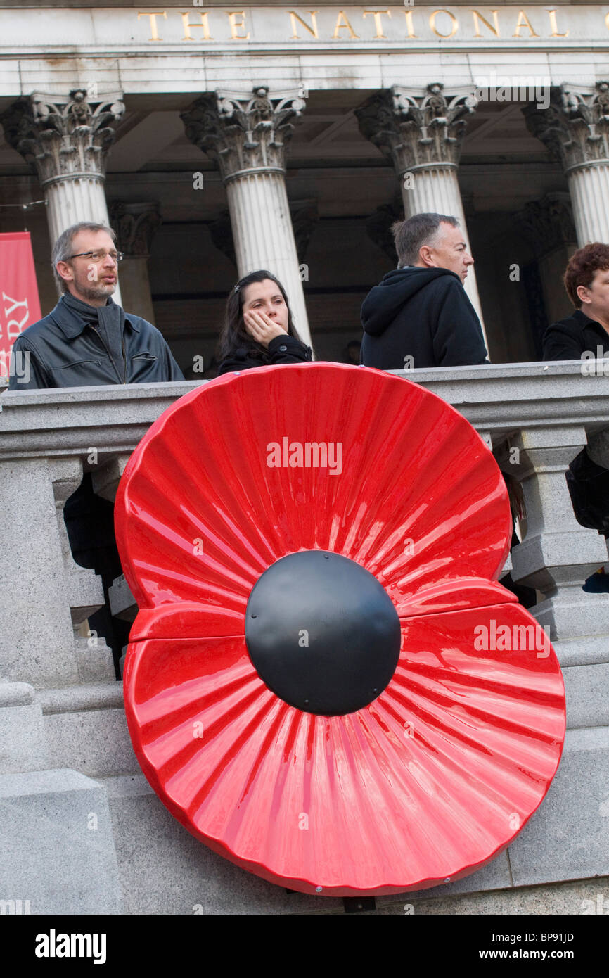 Giorno del Ricordo. Le persone si radunano in Trafalgar Square per due minuti di silenzio e di collocare il papavero petali a fontane. Foto Stock