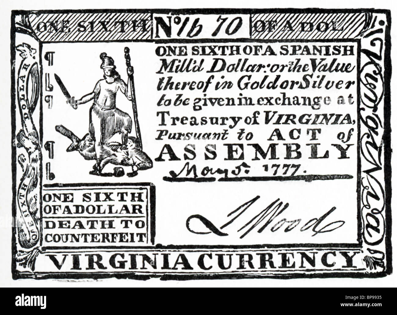 Questo un sesto del dollaro (un sesto di spagnolo un dollaro fresato) è stato rilasciato il 5 maggio 1777, durante la Rivoluzione Americana. Foto Stock