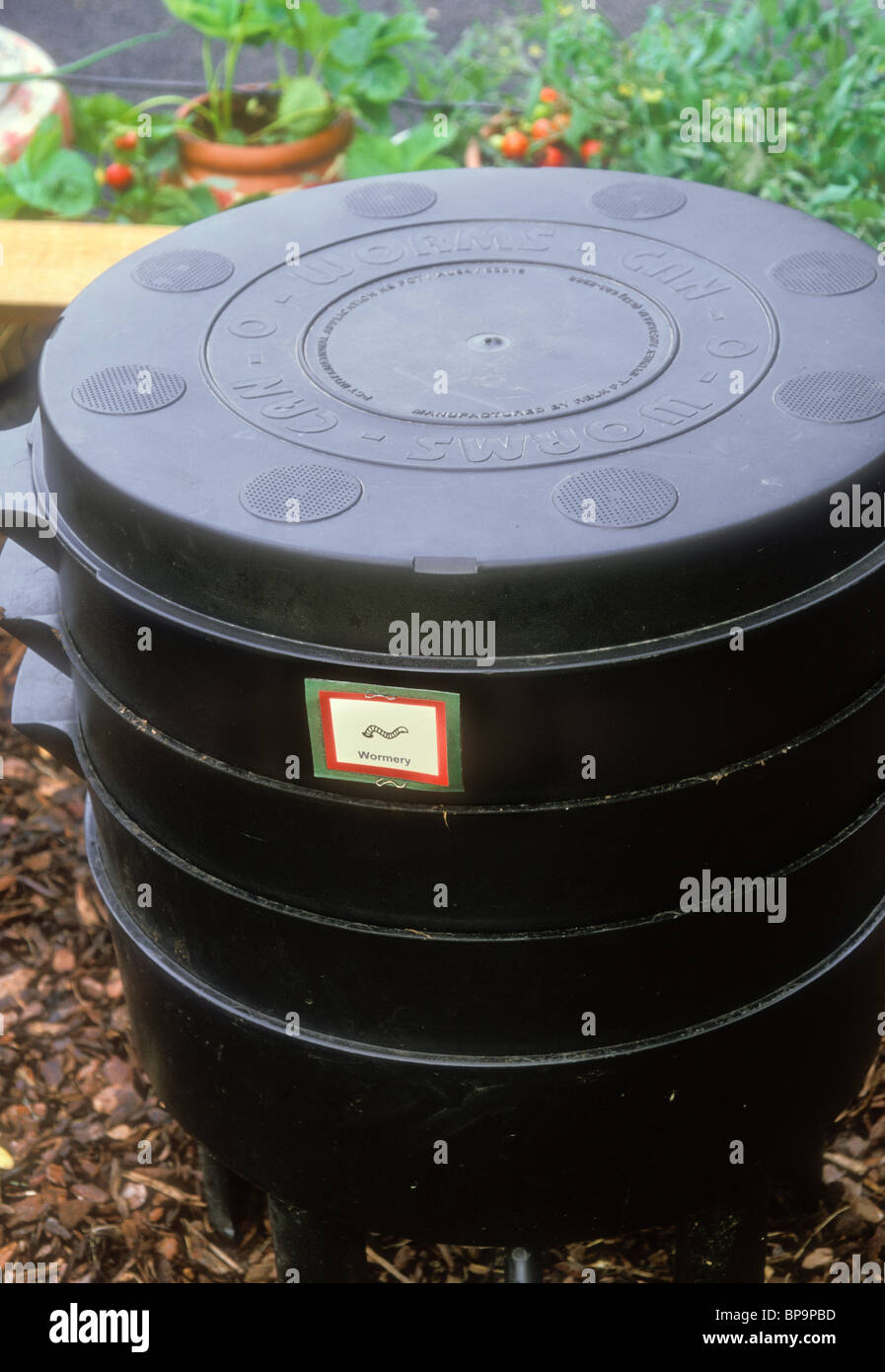 Worm compost bin per vermicompostaggio, vedi anche immagine di accompagnamento per coperchio off per mostrare i worm in strati Foto Stock