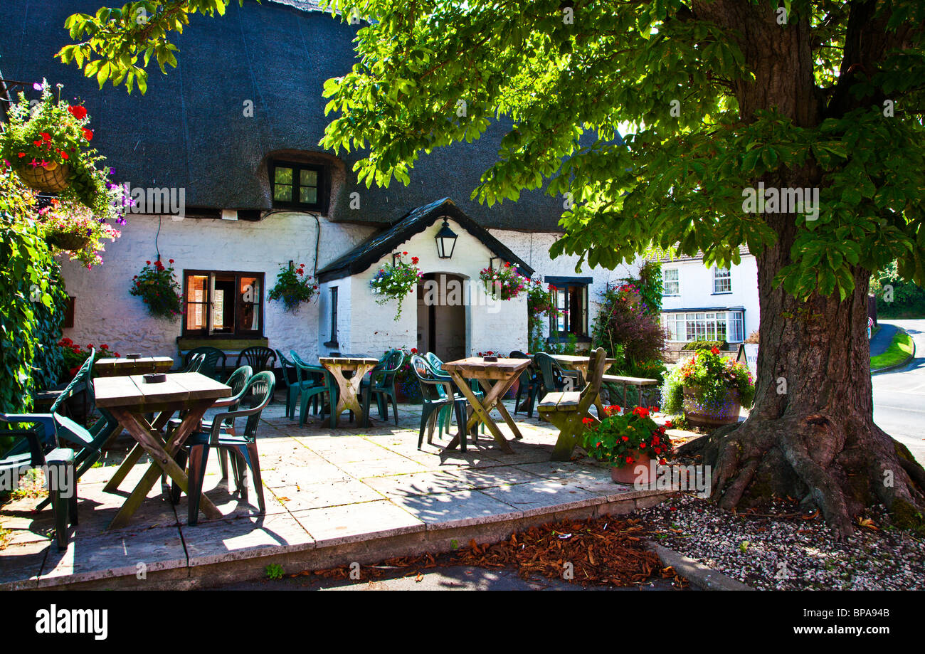 Fronte giardino di birra dell'aratro con il tetto di paglia Inn nel Wiltshire villaggio di Wanborough, England, Regno Unito Foto Stock