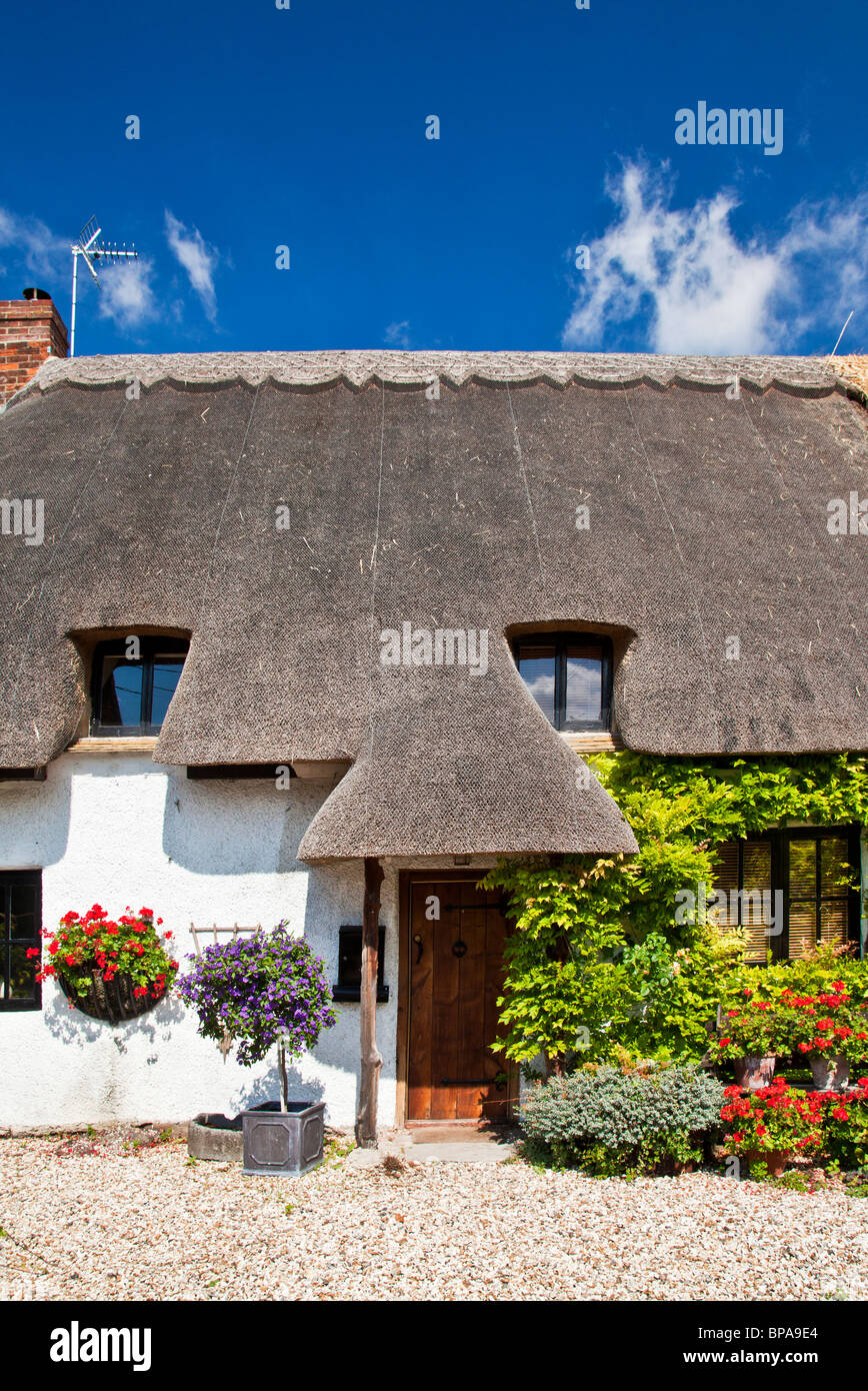 Piuttosto tipico inglese cottage con il tetto di paglia nel Wiltshire villaggio di Wanborough, England, Regno Unito Foto Stock