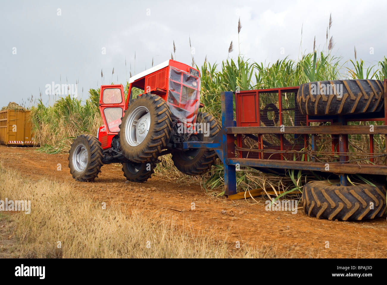 Il trattore con il rimorchio rovesciato, Flic en Flac, Mauritius Foto Stock