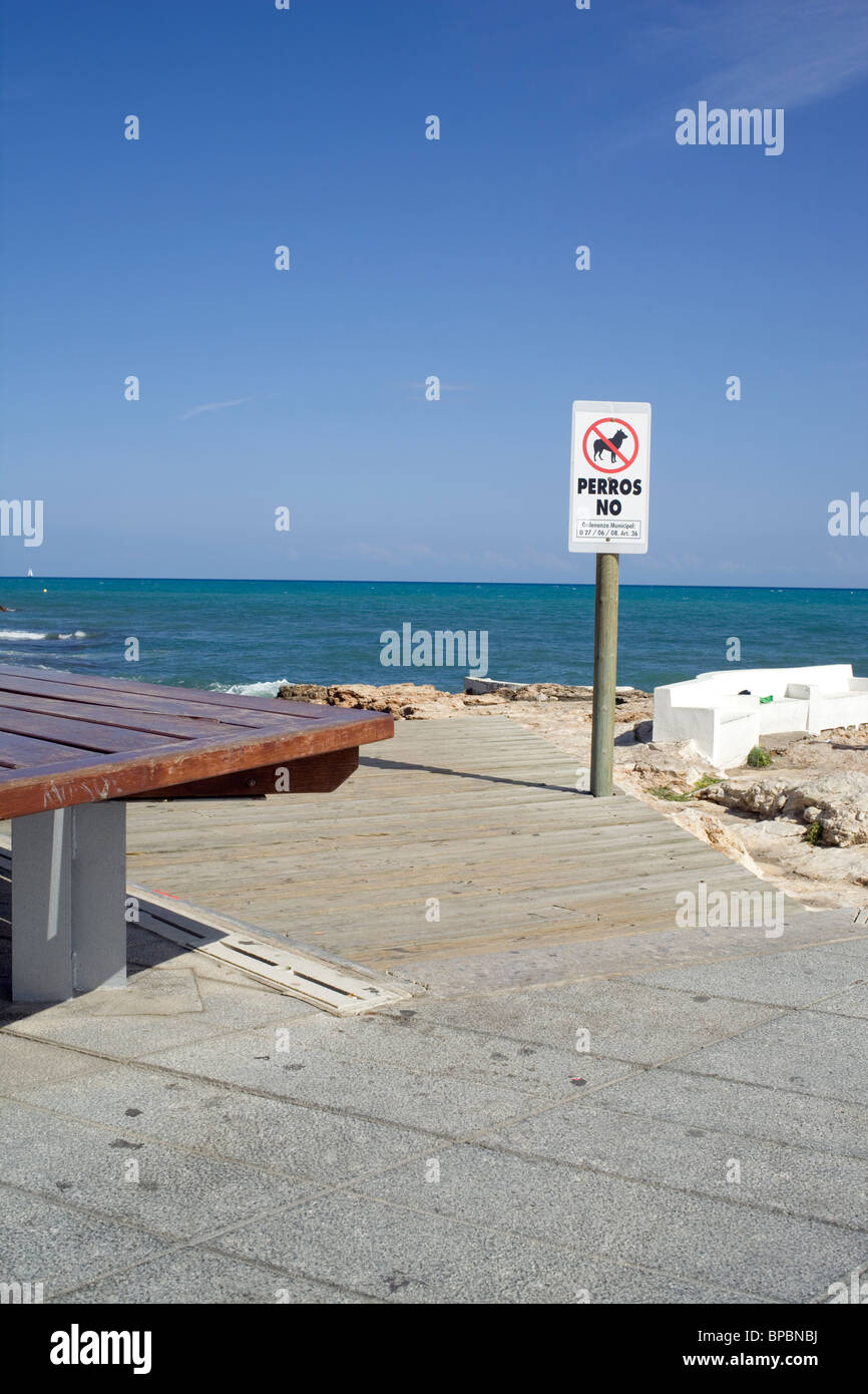 'No cani sulla spiaggia' segno sulla spiaggia a Torrevieja,Spagna Foto Stock