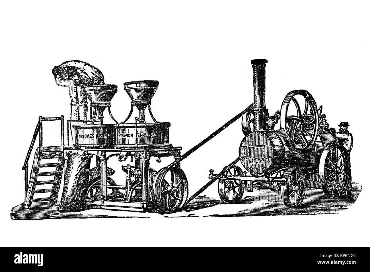 Macina mossa dal motore a vapore. Illustrazione di antiquariato. 1900. Foto Stock